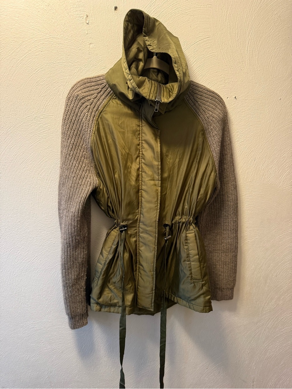 White + Warren Olive Yak Wool Quilted Blend Knit Sleeve Jacket Coat Utility S - Picture 3 of 6